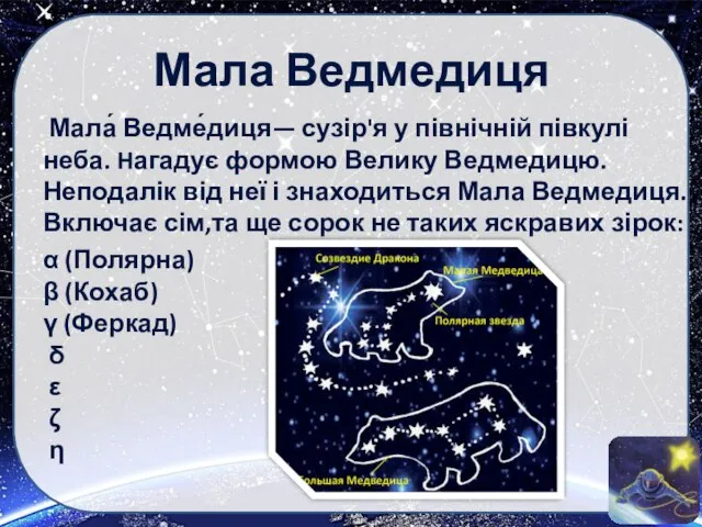 Мала Ведмедиця Мала́ Ведме́диця— сузір'я у північній півкулі неба. Hагадує формою Велику