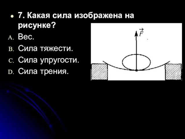 7. Какая сила изображена на рисунке? Вес. Сила тяжести. Сила упругости. Сила трения.