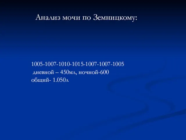 1005-1007-1010-1015-1007-1007-1005 дневной – 450мл, ночной-600 общий- 1.050л Анализ мочи по Земницкому: