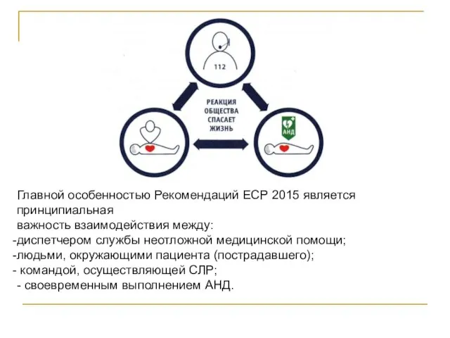 Главной особенностью Рекомендаций ЕСР 2015 является принципиальная важность взаимодействия между: диспетчером службы