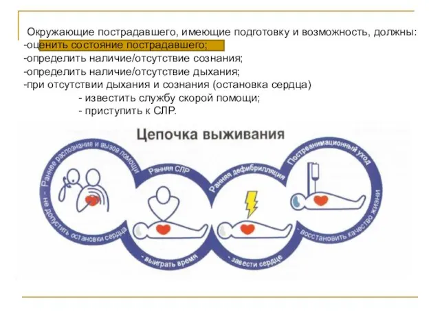 Окружающие пострадавшего, имеющие подготовку и возможность, должны: оценить состояние пострадавшего; определить наличие/отсутствие