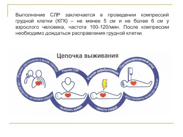 Выполнение СЛР заключается в проведении компрессий грудной клетки (КГК) – не менее