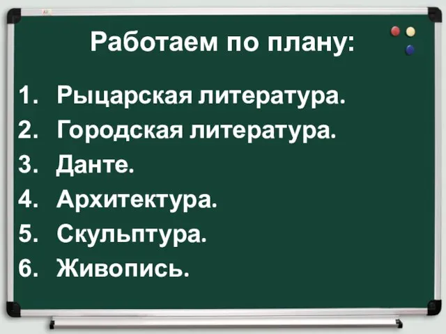 Работаем по плану: Рыцарская литература. Городская литература. Данте. Архитектура. Скульптура. Живопись.