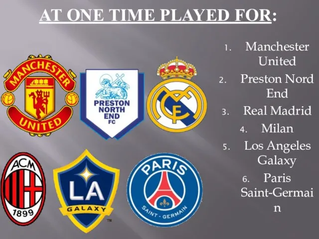 AT ONE TIME PLAYED FOR: Manchester United Preston Nord End Real Madrid