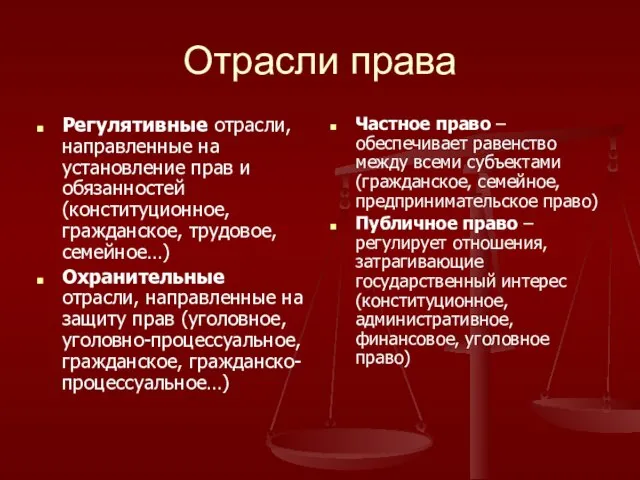 Отрасли права Регулятивные отрасли, направленные на установление прав и обязанностей (конституционное, гражданское,