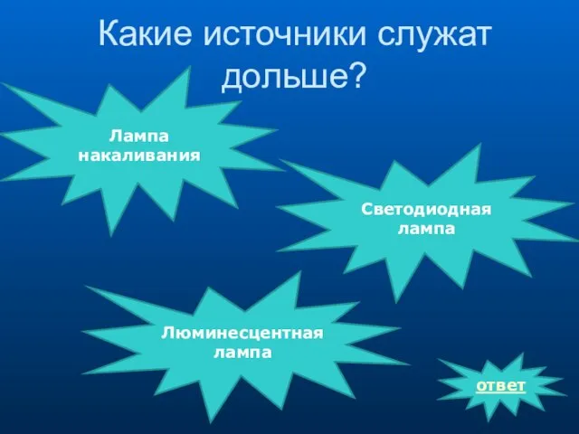 Какие источники служат дольше? Лампа накаливания Люминесцентная лампа Светодиодная лампа ответ