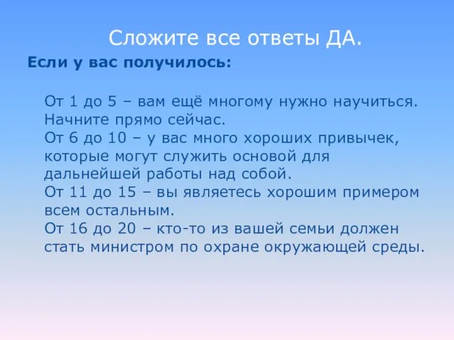 Сложите все ответы ДА. Если у вас получилось: От 1 до 5