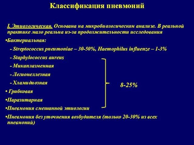 Классификация пневмоний I. Этиологическая. Основана на микробиологическом анализе. В реальной практике мало