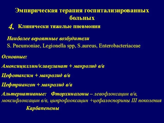 Эмпирическая терапия госпитализированных больных Клинически тяжелые пневмонии 4. Наиболее вероятные возбудители S.