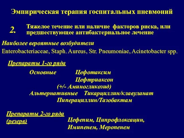 Эмпирическая терапия госпитальных пневмоний Тяжелое течение или наличие факторов риска, или предшествующее