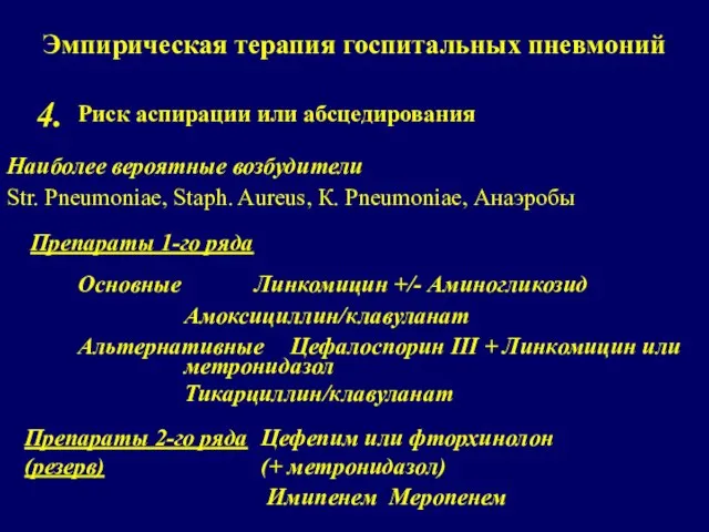 Эмпирическая терапия госпитальных пневмоний Риск аспирации или абсцедирования 4. Наиболее вероятные возбудители