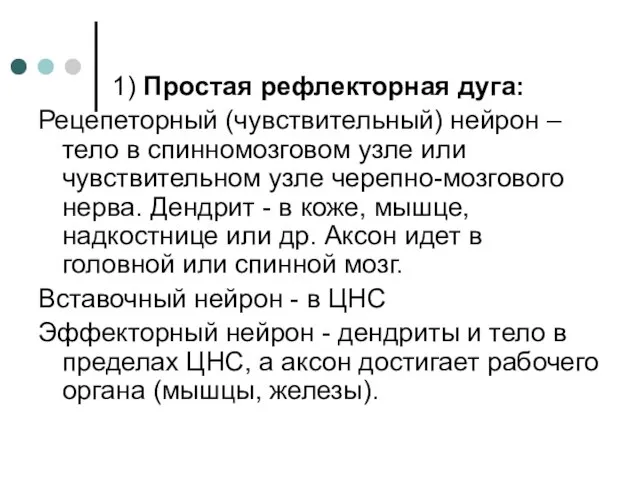 1) Простая рефлекторная дуга: Рецепеторный (чувствительный) нейрон – тело в спинномозговом узле