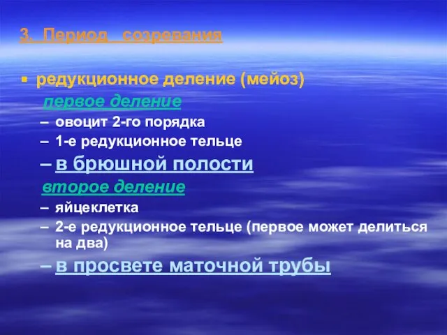 3. Период созревания редукционное деление (мейоз) первое деление овоцит 2-го порядка 1-е