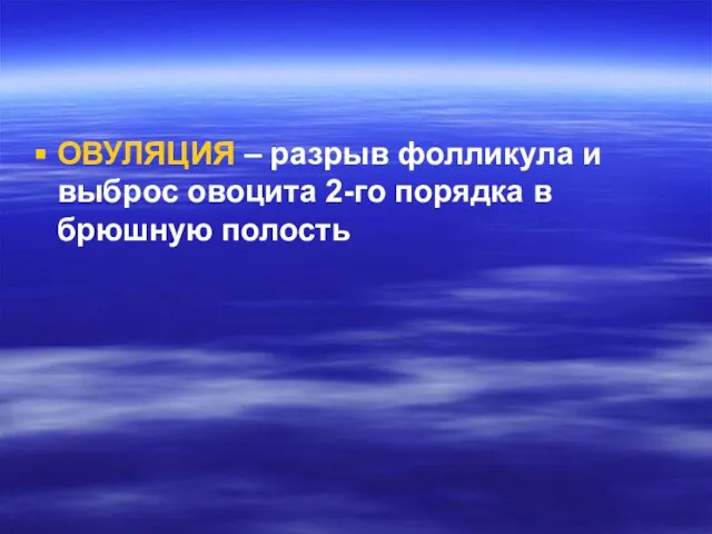 ОВУЛЯЦИЯ – разрыв фолликула и выброс овоцита 2-го порядка в брюшную полость