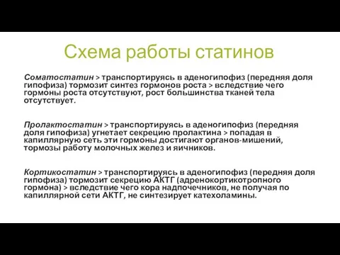 Схема работы статинов Соматостатин > транспортируясь в аденогипофиз (передняя доля гипофиза) тормозит