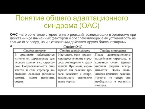 Понятие общего адаптационного синдрома (ОАС) ОАС – это сочетание стереотипных реакций, возникающих