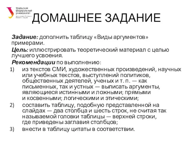 ДОМАШНЕЕ ЗАДАНИЕ Задание: дополнить таблицу «Виды аргументов» примерами. Цель: иллюстрировать теоретический материал