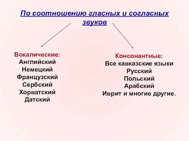 По соотношению гласных и согласных звуков Вокалические: Английский Немецкий Французский Сербский Хорватский