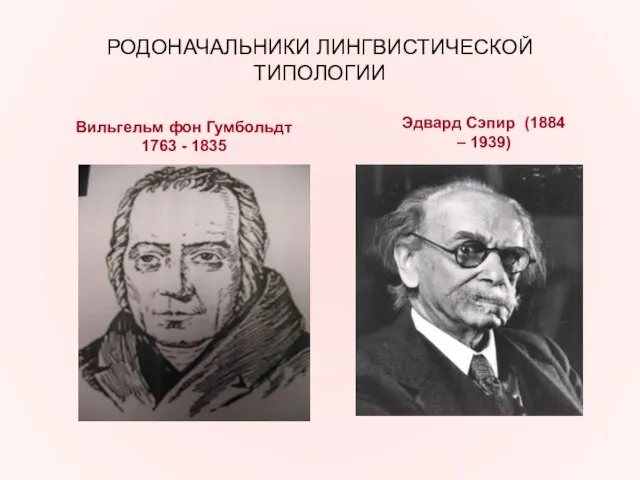 РОДОНАЧАЛЬНИКИ ЛИНГВИСТИЧЕСКОЙ ТИПОЛОГИИ Вильгельм фон Гумбольдт 1763 - 1835 Эдвард Сэпир (1884 – 1939)