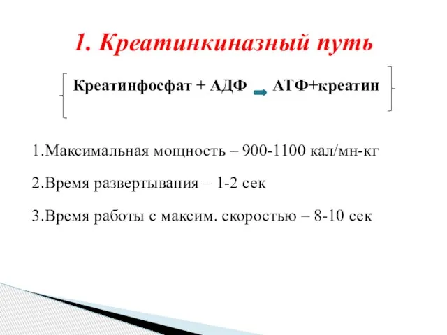 Креатинфосфат + АДФ АТФ+креатин 1.Максимальная мощность – 900-1100 кал/мн-кг 2.Время развертывания –