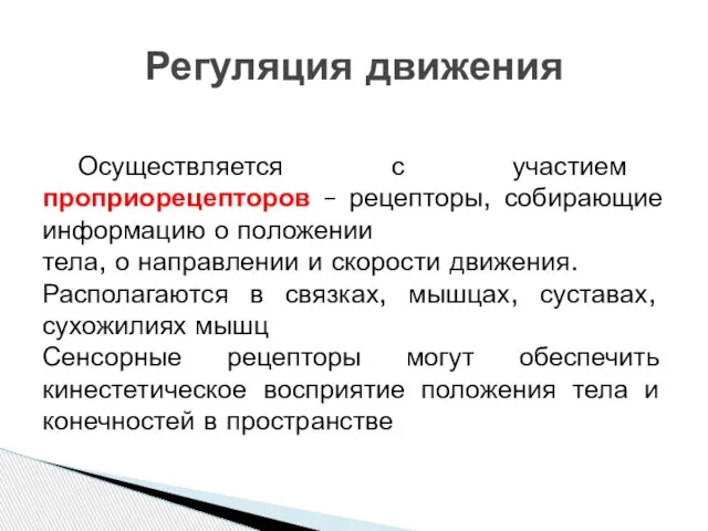 Осуществляется с участием проприорецепторов – рецепторы, собирающие информацию о положении тела, о