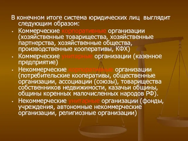 В конечном итоге система юридических лиц выглядит следующим образом: Коммерческие корпоративные организации