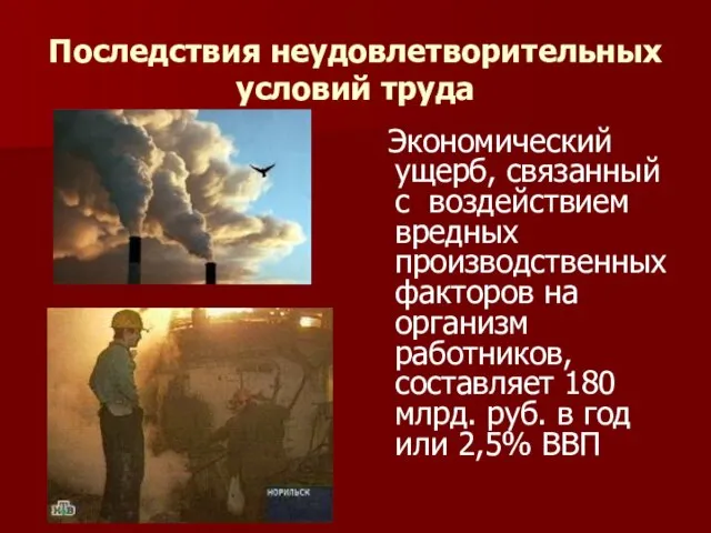 Последствия неудовлетворительных условий труда Экономический ущерб, связанный с воздействием вредных производственных факторов