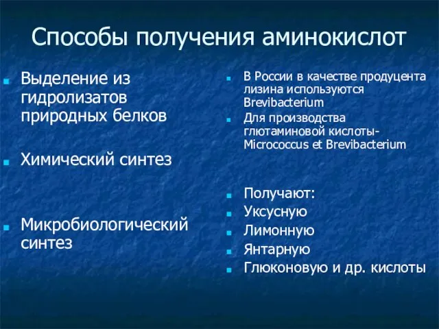 Способы получения аминокислот Выделение из гидролизатов природных белков Химический синтез Микробиологический синтез