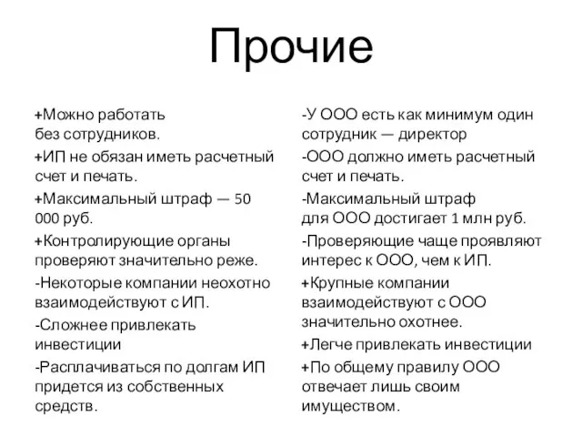 Прочие +Можно работать без сотрудников. +ИП не обязан иметь расчетный счет и