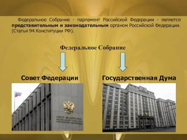 Федеральное Собрание - парламент Российской Федерации - является представительным и законодательным органом