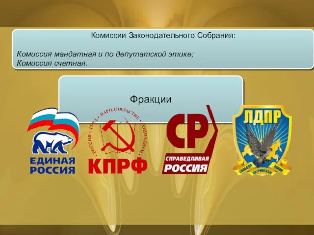 Комиссии Законодательного Собрания: Комиссия мандатная и по депутатской этике; Комиссия счетная. Фракции