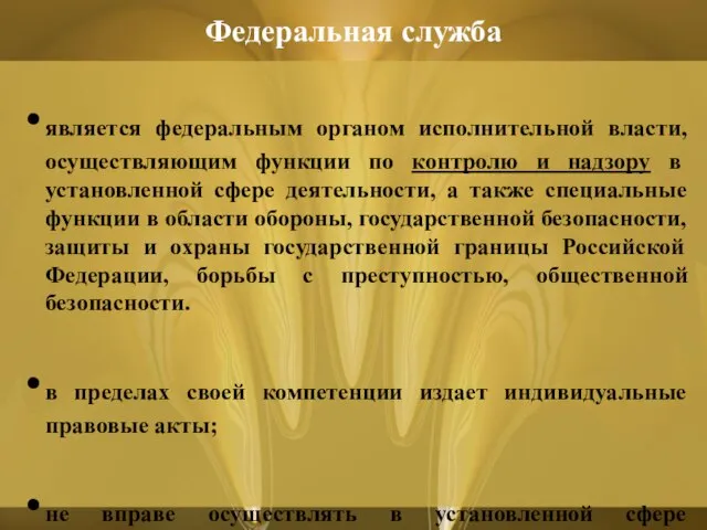 Федеральная служба является федеральным органом исполнительной власти, осуществляющим функции по контролю и