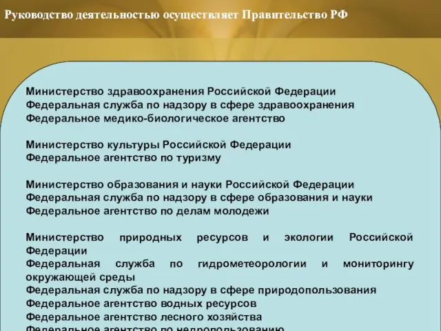 Руководство деятельностью осуществляет Правительство РФ Министерство здравоохранения Российской Федерации Федеральная служба по