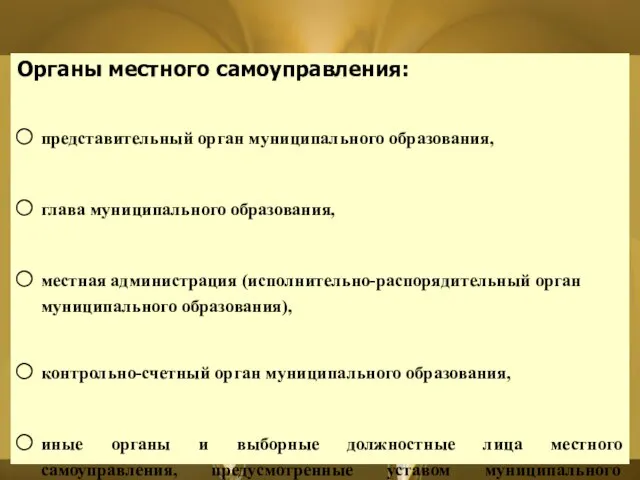 Органы местного самоуправления: представительный орган муниципального образования, глава муниципального образования, местная администрация