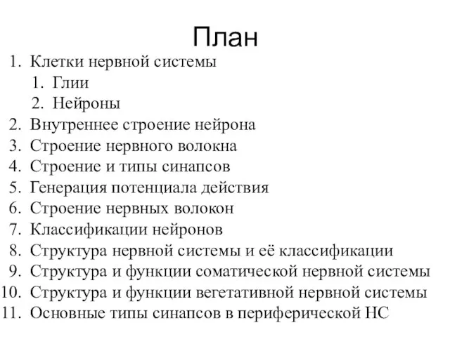 План Клетки нервной системы Глии Нейроны Внутреннее строение нейрона Строение нервного волокна