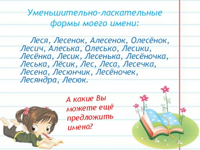 Уменьшительно-ласкательные формы моего имени: Леся, Лесенок, Алесенок, Олесёнок, Лесич, Алеська, Олесько, Лесики,