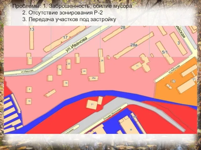 Проблемы: 1. Заброшенность, обилие мусора 2. Отсутствие зонирования Р-2 3. Передача участков под застройку