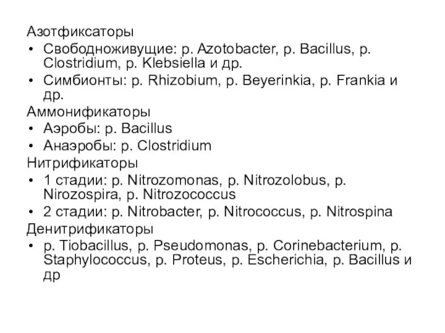 Азотфиксаторы Свободноживущие: p. Azotobacter, p. Bacillus, p. Clostridium, p. Klebsiella и др.