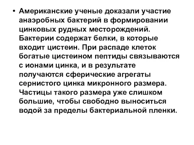 Американские ученые доказали участие анаэробных бактерий в формировании цинковых рудных месторождений. Бактерии