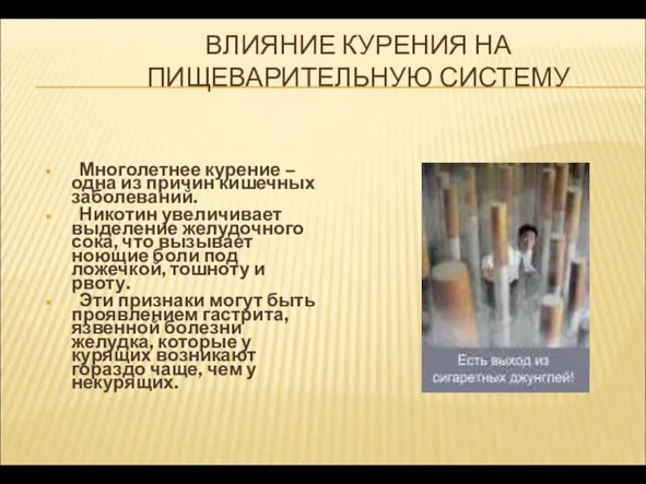 ВЛИЯНИЕ КУРЕНИЯ НА ПИЩЕВАРИТЕЛЬНУЮ СИСТЕМУ Многолетнее курение – одна из причин кишечных