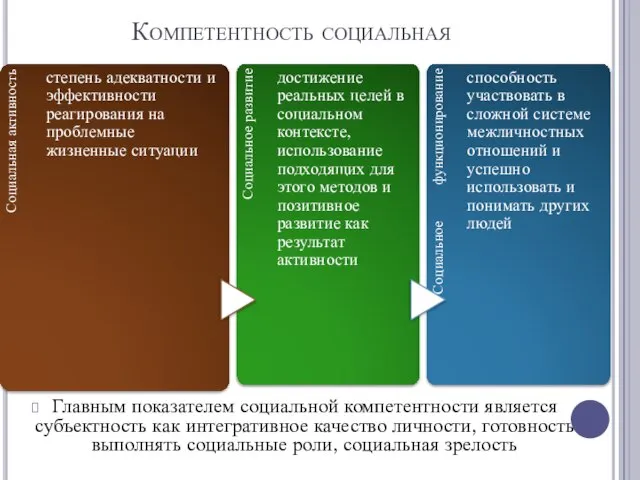 Компетентность социальная Главным показателем социальной компетентности является субъектность как интегративное качество личности,