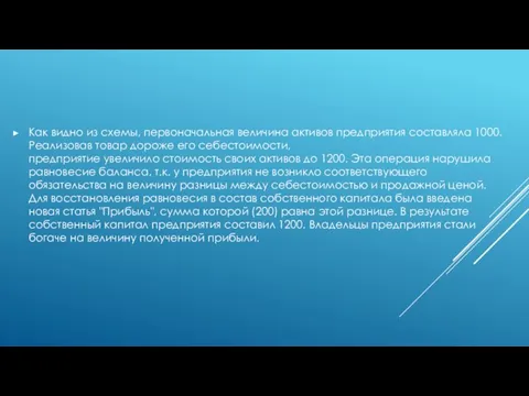 Как видно из схемы, первоначальная величина активов предприятия составляла 1000. Реализовав товар