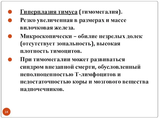 Гиперплазия тимуса (тимомегалия). Резко увеличенная в размерах и массе вилочковая железа. Микроскопически