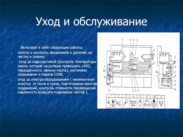 Уход и обслуживание Включают в себя следующие работы: осмотр и контроль механизмов