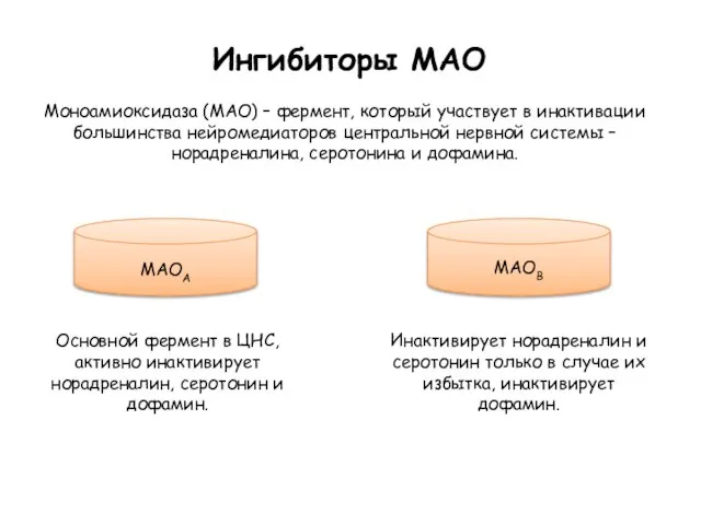 Моноамиоксидаза (МАО) – фермент, который участвует в инактивации большинства нейромедиаторов центральной нервной