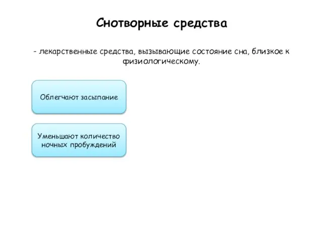 Снотворные средства - лекарственные средства, вызывающие состояние сна, близкое к физиологическому. Облегчают