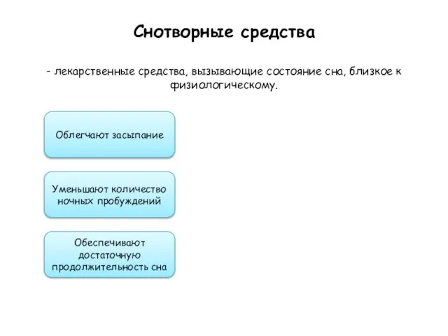 Снотворные средства - лекарственные средства, вызывающие состояние сна, близкое к физиологическому. Облегчают