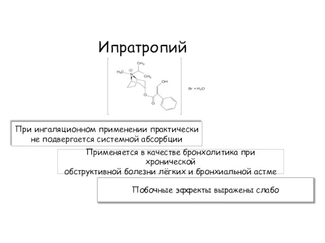 Ипратропий При ингаляционном применении практически не подвергается системной абсорбции Применяется в качестве