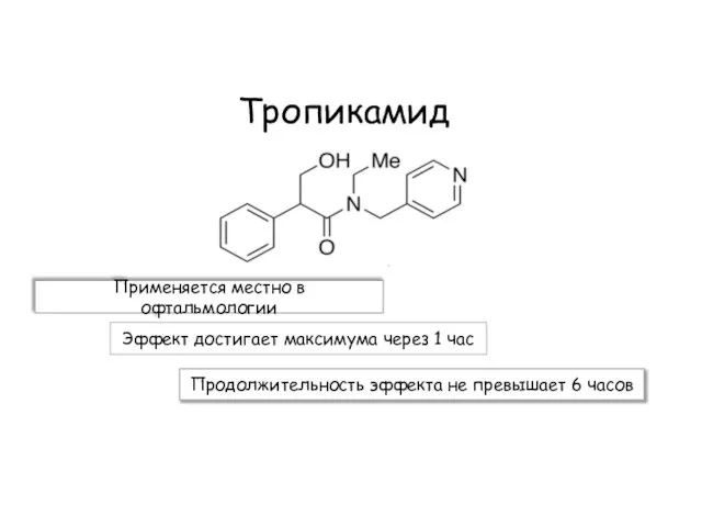 Тропикамид Применяется местно в офтальмологии Эффект достигает максимума через 1 час Продолжительность