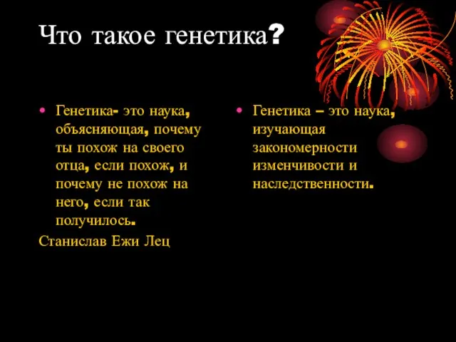 Что такое генетика? Генетика- это наука, объясняющая, почему ты похож на своего